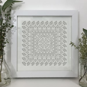 Op de afbeelding: Een zwart-wit borduurpatroon van een geometrisch ontwerp met een vierkante vorm. Het patroon is ingelijst in een wit frame.
