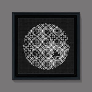 May include: A black and white framed artwork featuring a circular design with a geometric pattern. The design is made up of small white squares on a black background.