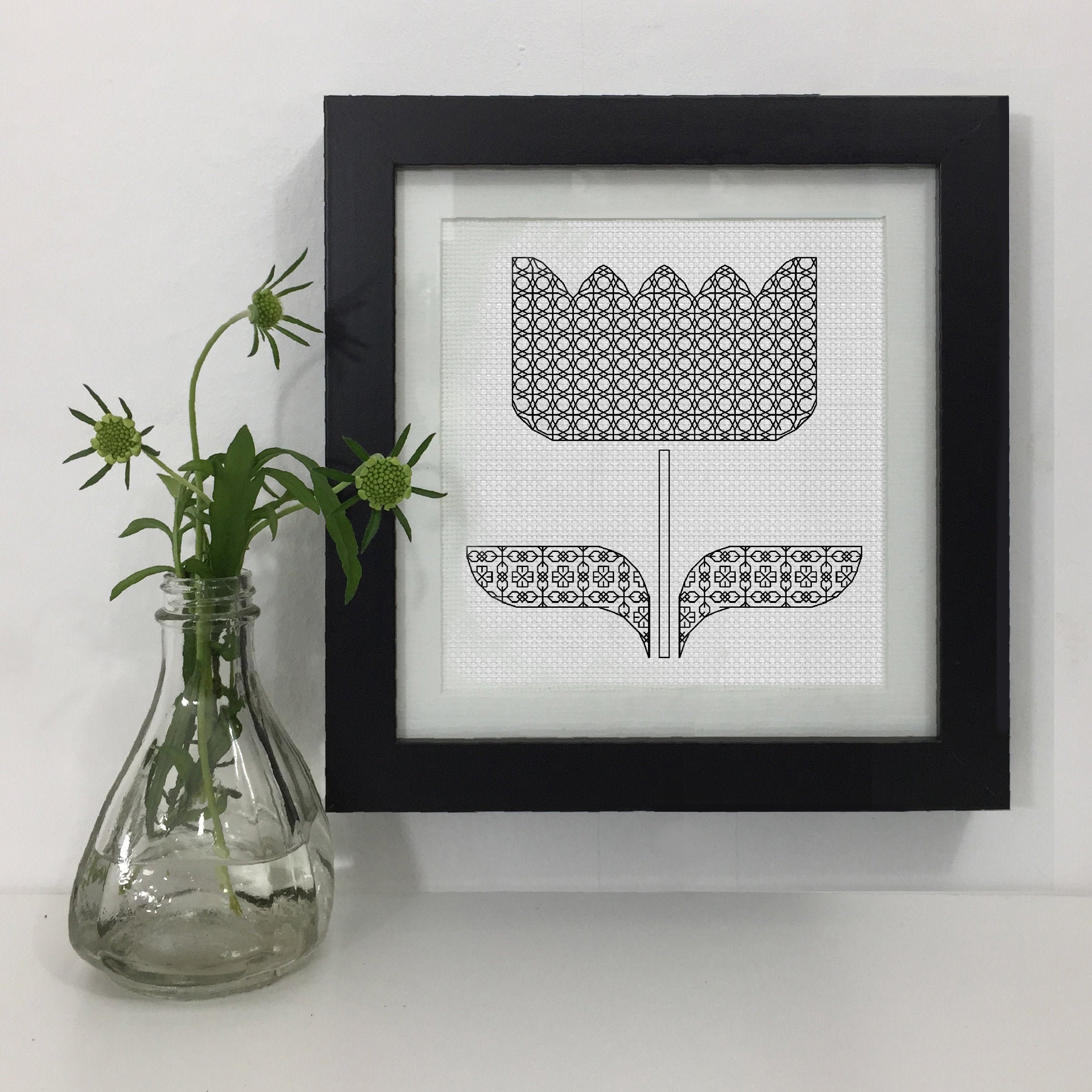Folk flower Blackwork pattern, PDF Blackwork Embroidery Chart, PDF Embroidery Pattern, Blackwork PDF, by The Steady Thread