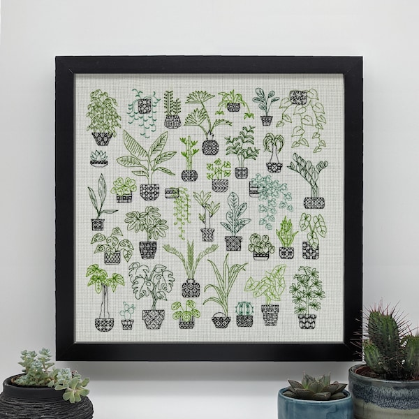 Amis des plantes ! Tableau de broderie PDF Blackwork, motif de broderie PDF téléchargeable par The Steady Thread