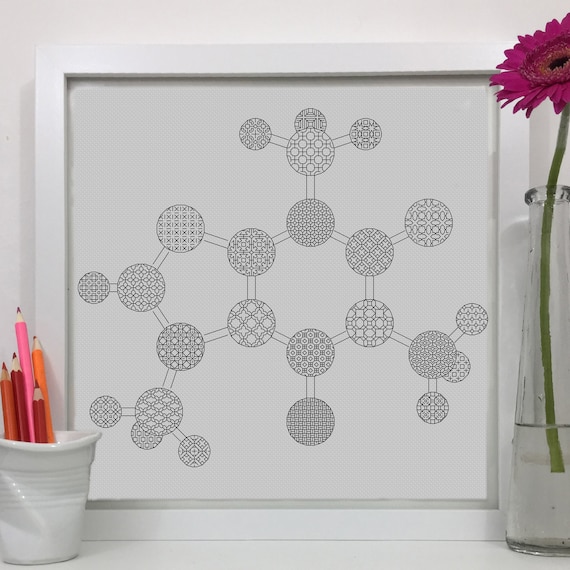 Caffeine molecular model blackwork Pattern, PDF Blackwork Embroidery Chart. PDF Embroidery Pattern by The Steady Thread