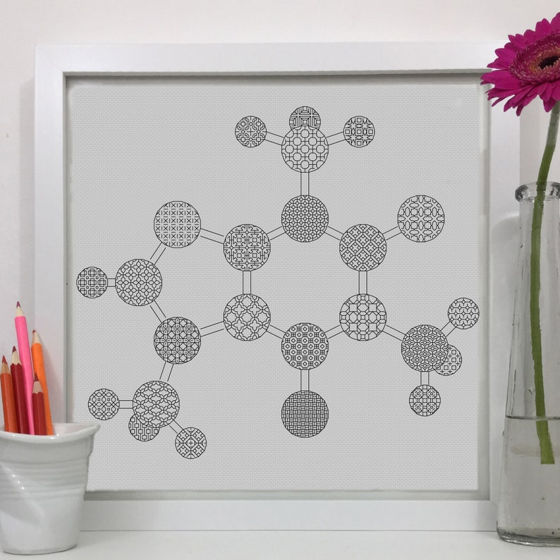 K&ouml;nnte beinhalten: Schwarz-wei&szlig;es geometrisches Musterdesign in kreisf&ouml;rmiger Form. Das Design ist mit Linien mit anderen Kreisen verbunden. Das Design ist in einem wei&szlig;en Rahmen gerahmt.