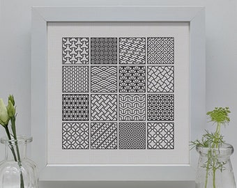 Sashiko sampler, PDF Blackwork Embroidery Chart, PDF Embroidery Pattern, Blackwork PDF,