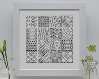 Muestra de Sashiko, Gráfico de bordado Blackwork PDF, Patrón de bordado PDF, PDF Blackwork,