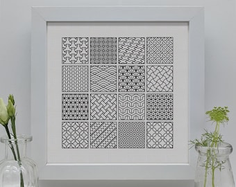 Sashiko sampler, PDF Blackwork Embroidery Chart, PDF Embroidery Pattern, Blackwork PDF,