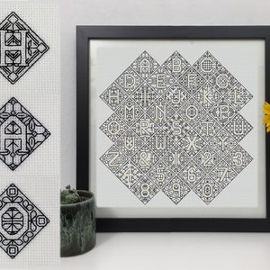 Padrão de blackwork do alfabeto botânico, alfabeto PDF Blackwork, gráfico de fontes PDF Blackwork. Cartas Blackwork em PDF por The Steady Thread