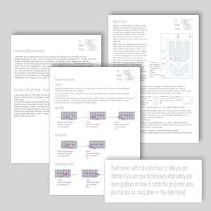 May include: A black and white embroidery chart with instructions for a flower design. The chart includes instructions for back stitch, running stitch, and double running stitch. The text "The Steady Thread" is at the top of the chart.