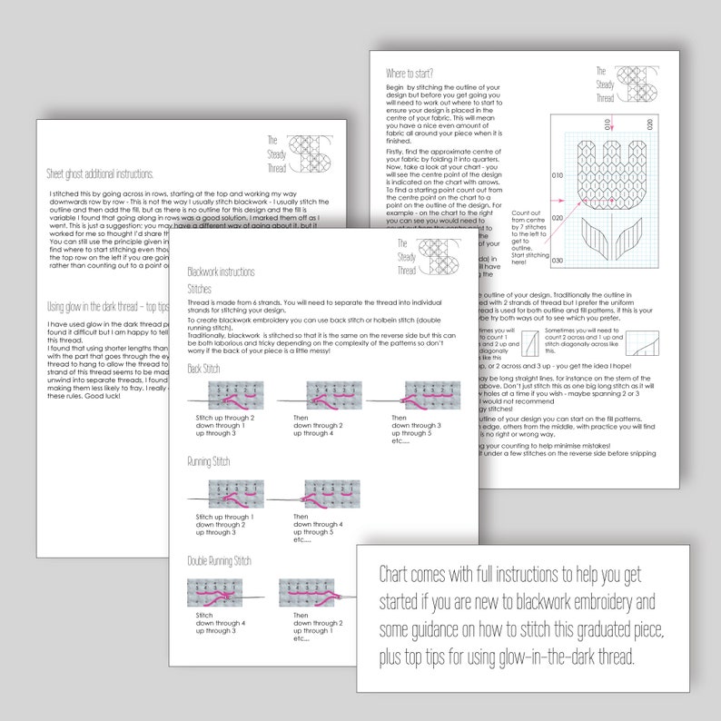 May include: A black and white embroidery chart with instructions for a flower design. The chart includes instructions for back stitch, running stitch, and double running stitch. The text "The Steady Thread" is at the top of the chart.