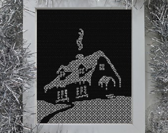 Cosy Cottage Christmas blackwork, PDF Blackwork . PDF Blackwork chart.  Blackwork embroidery chart by The Steady Thread