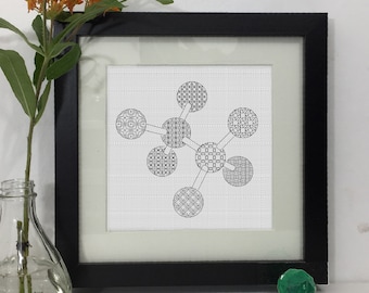 Molekylmodell, medium, Blackwork-mönster, PDF Blackwork-broderidiagram, PDF-broderimönster, Blackwork PDF, av The Steady Thread