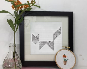 Fuchs Tangram Blackwork Muster, Blackwork PDF Stickmuster, herunterladbare Blackwork Stickmuster von The Steady Thread