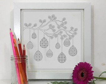 Padrão de galhos de Páscoa Blackwork, gráfico de bordado Blackwork em PDF, padrão de bordado em PDF para download por The Steady Thread