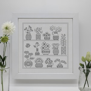 Gelukkige verjaardagsbloemen, PDF Blackwork-borduurwerk, PDF Blackwork-bloemen en botanische kaart. van De Stevige Draad