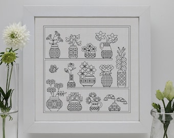 Happy Birthday Flowers, PDF Blackwork embroidery, PDF Blackwork flowers and botanicals chart. by The Steady Thread