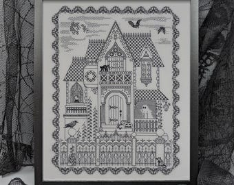 Halloween blackwork, Spooky Abode, PDF Blackwork, PDF Embroidery Pattern, Blackwork PDF, by The Steady Thread