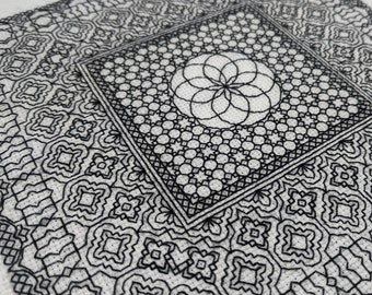 Geometry adventures 1, PDF Blackwork Embroidery Chart, Botanical sampler. PDF Embroidery Pattern by The Steady Thread