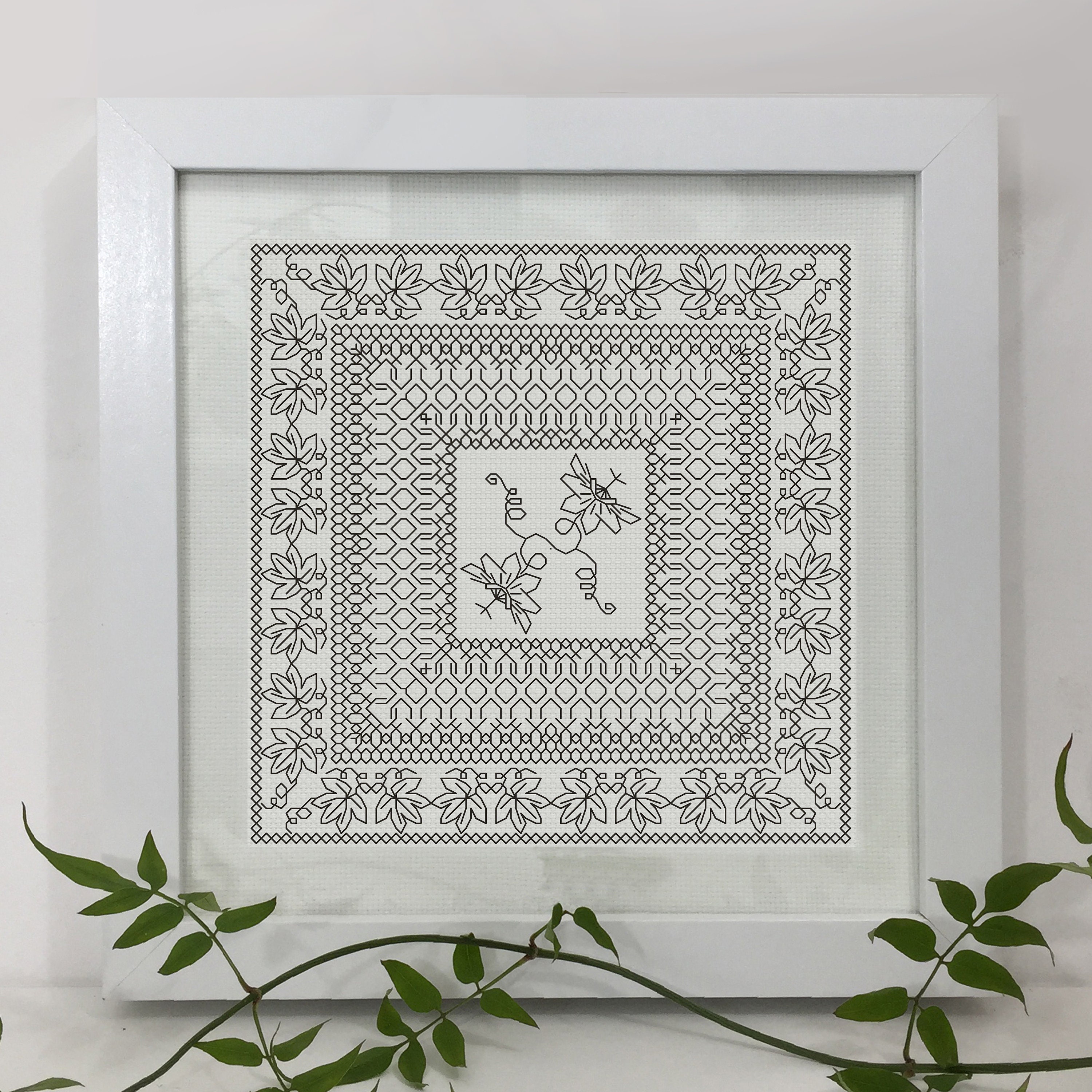 Passion flower blackwork sampler, PDF Blackwork Embroidery Chart, Botanical sampler.  PDF Embroidery Pattern by The Steady Thread