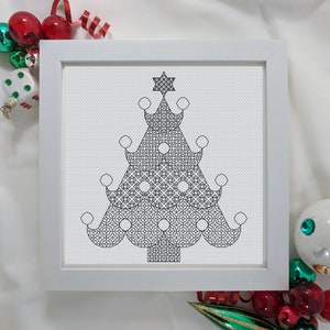 Christmas tree, Christmas blackwork.  Blackwork embroidery chart by The Steady Thread