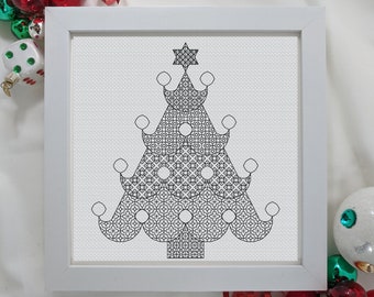 Christmas tree, Christmas blackwork.  Blackwork embroidery chart by The Steady Thread