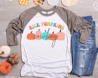 Kick Pumpkins Cowboy PNG Western Retro Pumpkin Trendy Pastel Halloween Shirt Design PNG Fall Farm Mama Western Mama Howdy Fall PNG