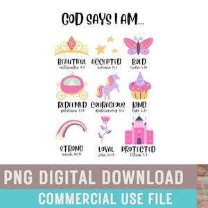 God Says I Am Positive Affirmation Girly Princess Sublimation Design PNG Digital Download Girl Kids Girly Cute Bible Verses Printable