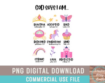 God Says I Am Positive Affirmation Girly Princess Sublimation Design PNG Digital Download Girl Kids Girly Cute Bible Verses Printable