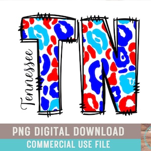 Puede incluir: Una descarga digital de un diseño gráfico con las letras "TN" en un estampado de leopardo blanco, rojo y azul. Las letras están delineadas en negro y la palabra "Tennessee" está escrita verticalmente a la izquierda de la "T".