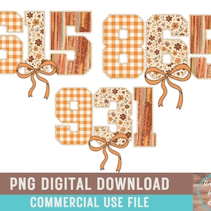 May include: A digital graphic featuring the numbers 615, 865, and 931. Each digit is styled with a mix of orange gingham, floral patterns, and vertical brown stripes. The numbers are accented with orange bows and scalloped edges.