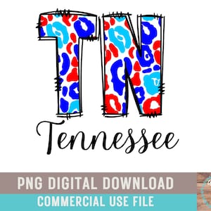 Puede incluir: Una descarga digital de un diseño gráfico con las letras "TN" en un diseño de estampado de leopardo rojo, blanco y azul. Las letras están delineadas en negro y la palabra "Tennessee" está escrita en cursiva negra debajo de las letras.
