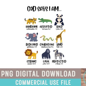 God Says I Am Positive Affirmation Zoo Animals Sublimation Design PNG Digital Download Boys Room Boys Bathroom Bible Verses Printable