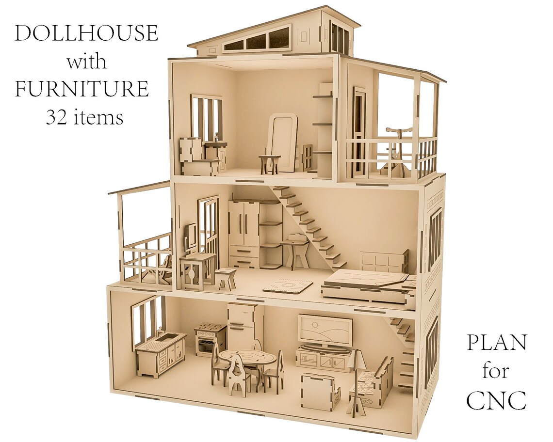 Doll house. Furniture Plan Miniatures Project CNC Laser Etsy