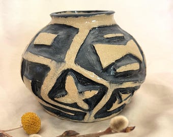 Studio Pottery Vase Black Cream Abstract Geometric Glazed Ceramic Vessel