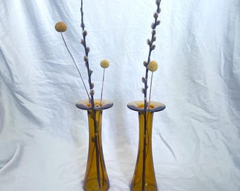 Vintage Amber Glass Taper Candleholders | Pair | MCM Style | Hourglass Form | Molded Glass