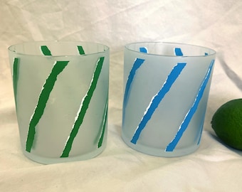 Pair Frosted Glass Tumblers Green Blue Diagonal Stripe 1980s Barware Vintage