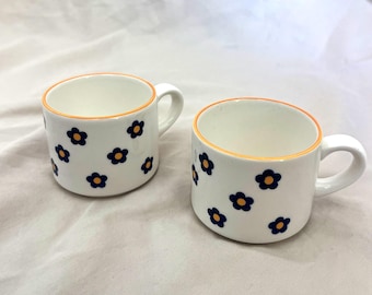 Vintage Daisy Espresso Cup Set | Navy Blue Floral | Orange Rim | Set of 2 | Retro Coffee Cups | Made in Italy