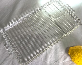 Vintage Art Deco Pressed Glass Catchall Tray | Hobnail Border | Ribbed Glass | Vanity Tray | Jewelry Dish