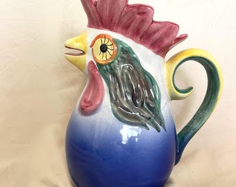 Ceramic Rooster Pitcher Figural Water Jug Hand Painted Multicolor 12" 1990s