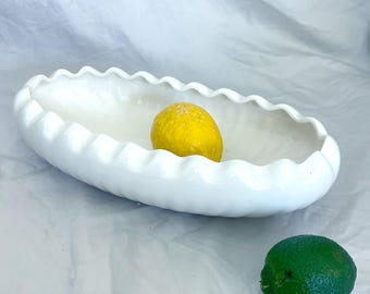 White Ceramic Scalloped Oval Bowl Dish Centerpiece 12" Vintage 1950s
