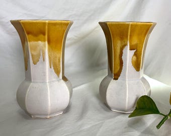 Vintage Japanese Drip Glaze Vases | Pair | Amber & White | Octagonal Ceramic | Made in Japan