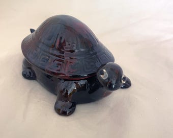 Vintage Glass Turtle Trinket Box Dark Ruby Red Figural Lidded Dish 1970s