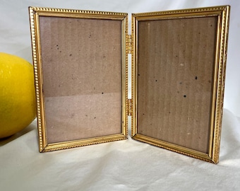 Vintage Gold Double Hinged Photo Frame | Hollywood Regency | Ornate Beaded | 5x7 Bi-Fold Picture Frame