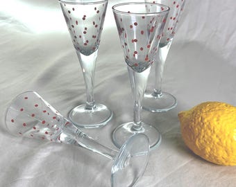 Vintage Red Polka Dot Aperitif Glasses | Set of 4 | Tall Flute Cordial Glasses | Retro Barware