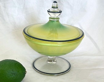 Vintage Art Deco Lidded Candy Dish | Chartreuse Green Ombre Glass |