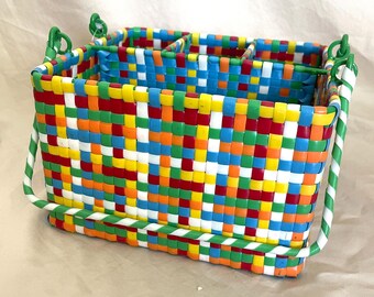 Vintage Woven Vinyl Multicolor Caddy Organizer Basket Handle Compartments 1960s