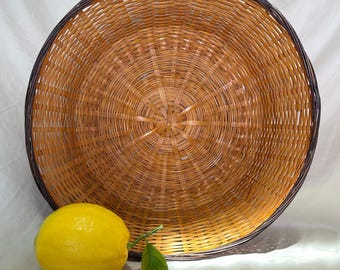 Large Vintage Woven Bamboo Basket | Dark Rim Detail | Fruit Basket | Boho Home Decor