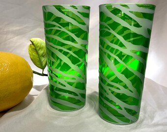 Vintage Green Zebra Print Etched Glass Tumblers | Set of 2 | Frosted Cocktail Glasses | 1960s Barware