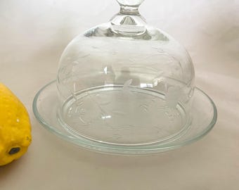 Vintage Etched Glass Cloche Dome Plate Set Floral Butter Cheese Server
