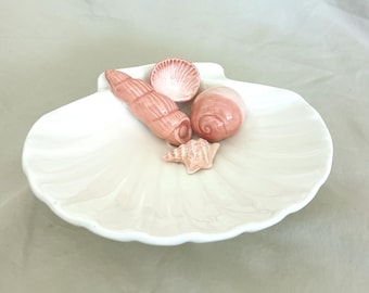 Fitz and Floyd 1976 Shell Dish Pink Ceramic Shells White Scallop Trinket Dish