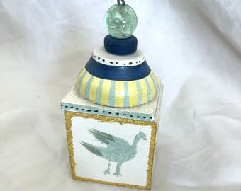 Vintage Hand-Painted Wood Box | Goose Folk Art | Glass Marble Finial | Striped Lid | Jewelry Box