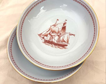 Pair Spode Copeland Trade Winds Red Bowls Brig Cygnet Salem 1822 England